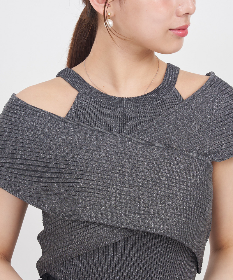 アメスリレイヤードカシュクールラメニットトップス 詳細画像 ブラック 6