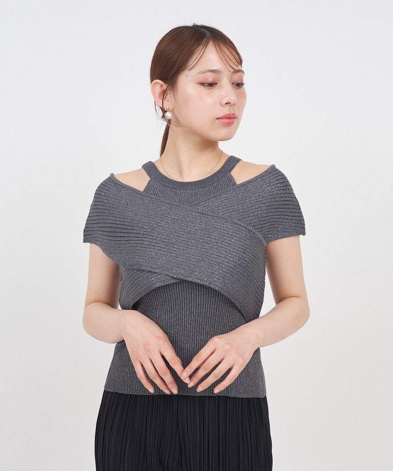 アメスリレイヤードカシュクールラメニットトップス 詳細画像 ブラック 9