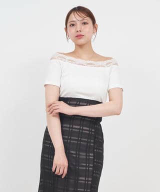 デコルテレースカットリブトップス