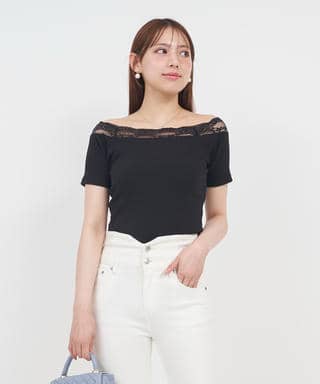 デコルテレースカットリブトップス