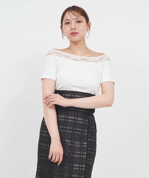 デコルテレースカットリブトップス 詳細画像