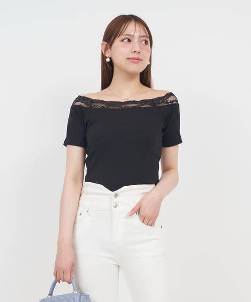 デコルテレースカットリブトップス 詳細画像