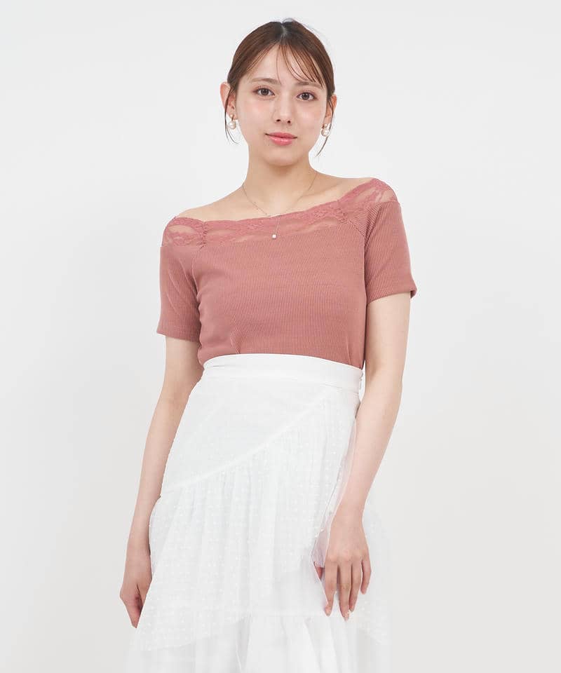 デコルテレースカットリブトップス 詳細画像 ピンク 1