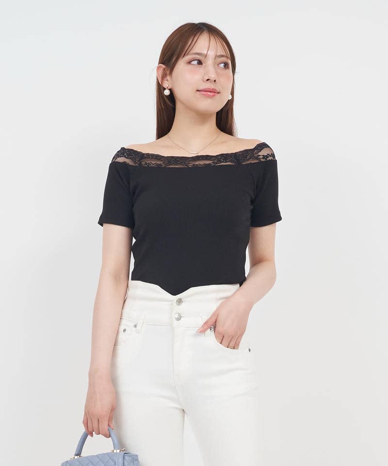 デコルテレースカットリブトップス 詳細画像 ブラック 1