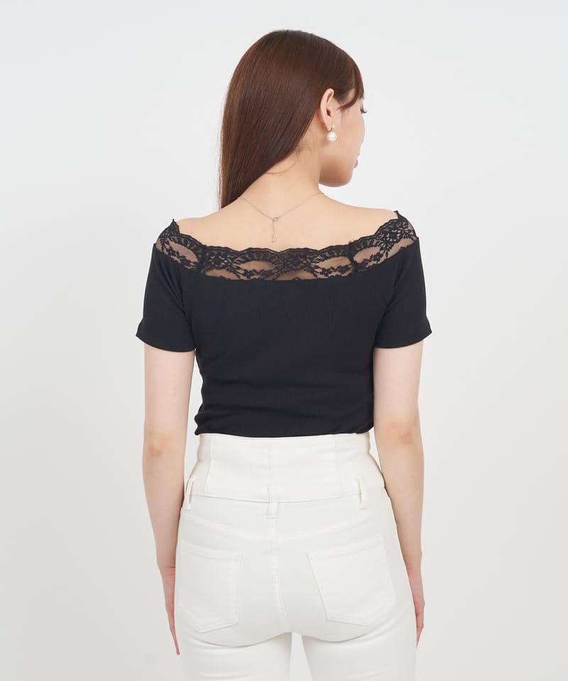 デコルテレースカットリブトップス 詳細画像 ブラック 3