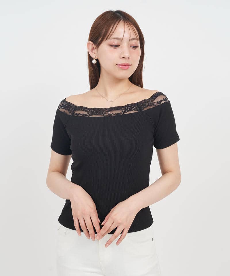 デコルテレースカットリブトップス 詳細画像 ブラック 4