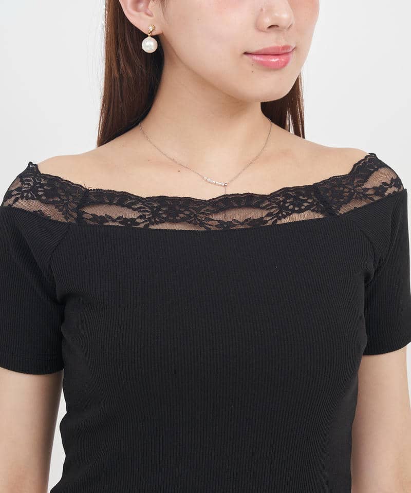 デコルテレースカットリブトップス 詳細画像 ブラック 5