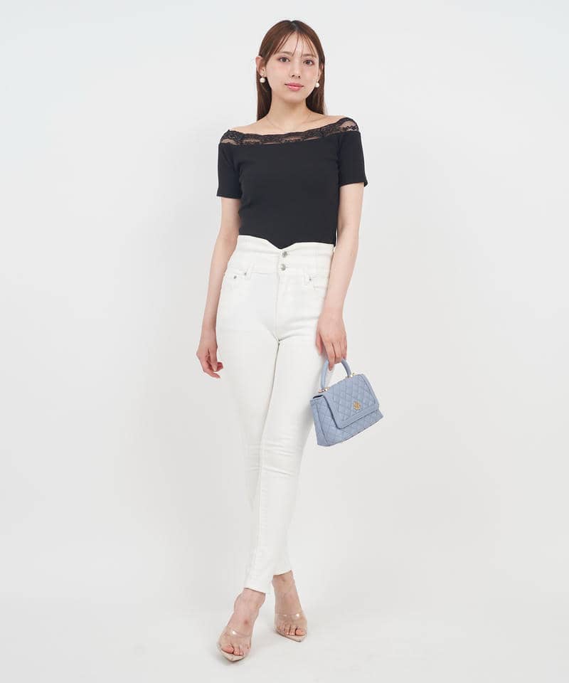 デコルテレースカットリブトップス 詳細画像 ブラック 7