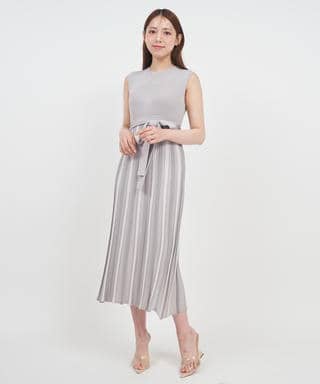 配色プリーツロングニットワンピース