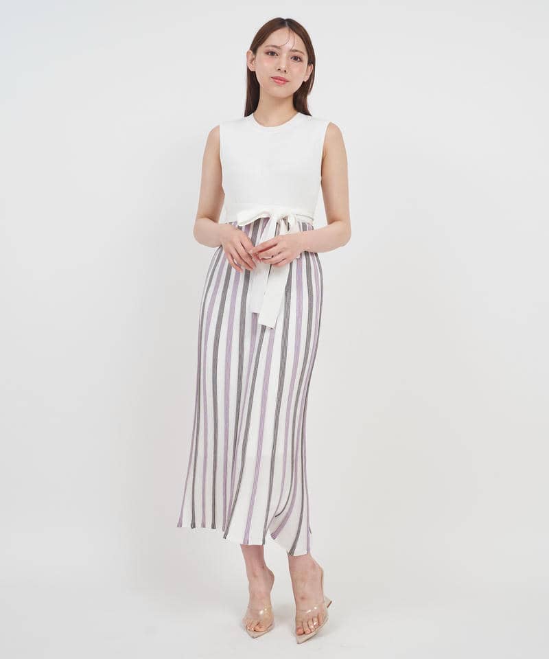 配色プリーツロングニットワンピース 詳細画像 オフホワイト 1