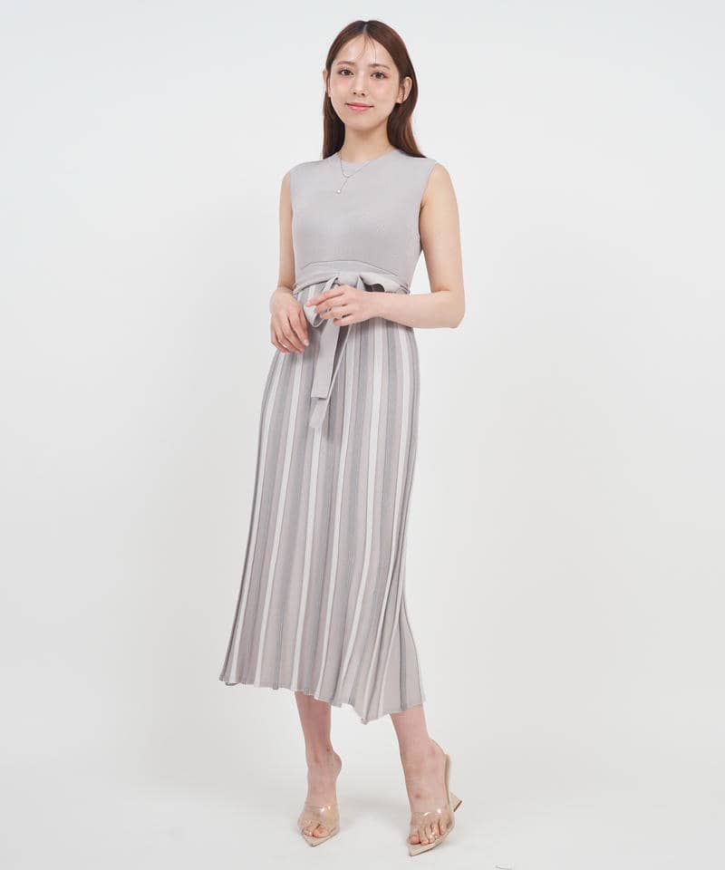 配色プリーツロングニットワンピース 詳細画像 グレー 1