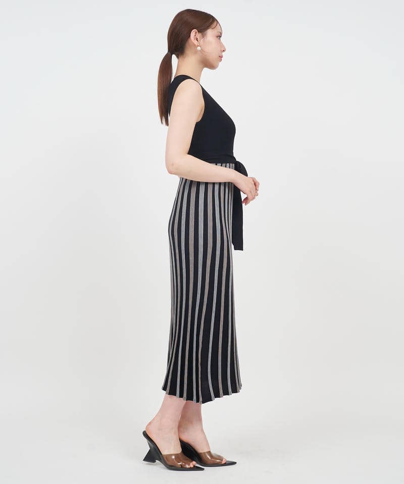 配色プリーツロングニットワンピース 詳細画像 ブラック 2