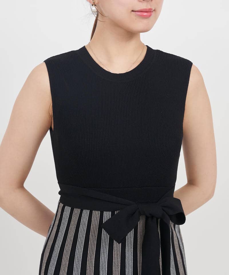 配色プリーツロングニットワンピース 詳細画像 ブラック 4