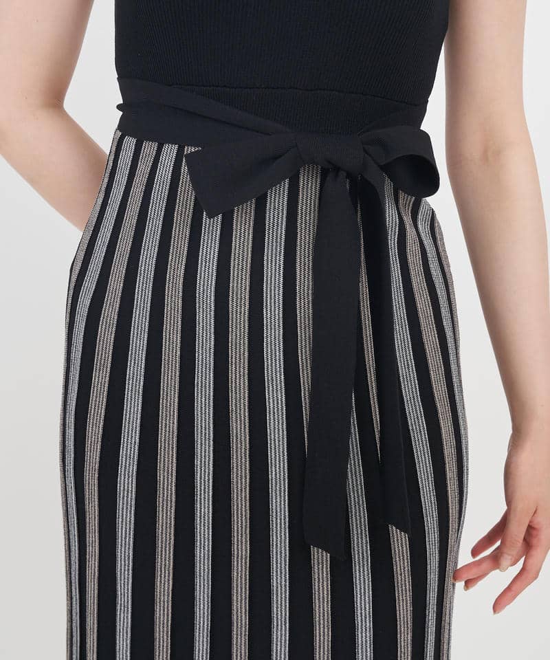 配色プリーツロングニットワンピース 詳細画像 ブラック 6