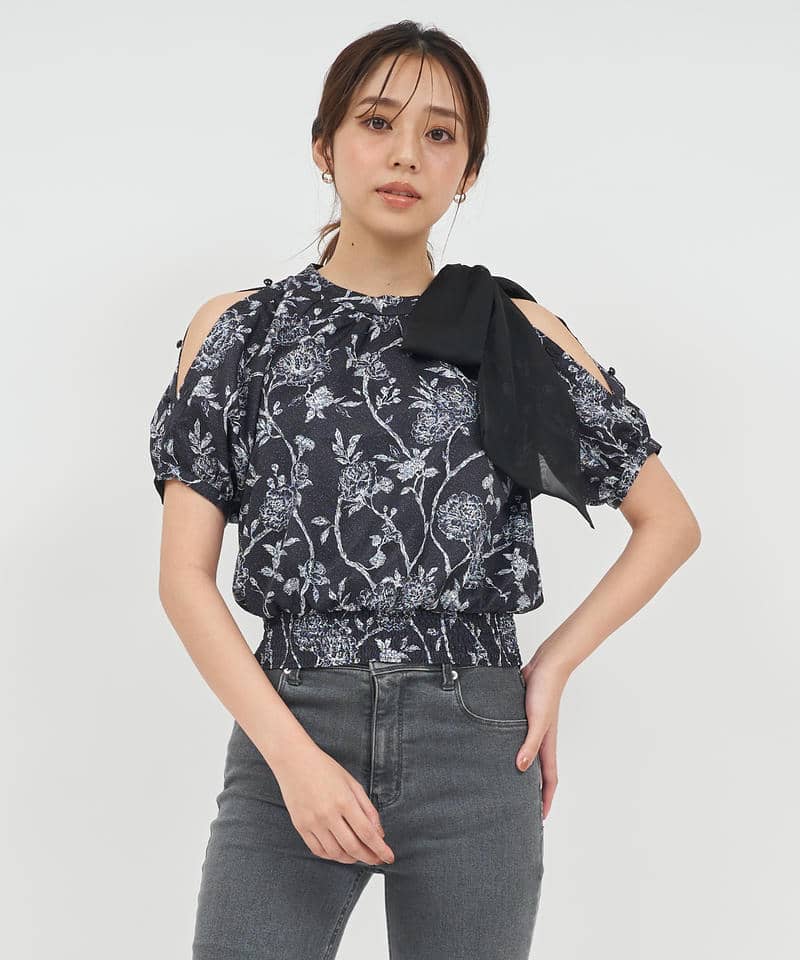 オリジナル花柄パフスリーブブラウス 詳細画像 ブラック 1
