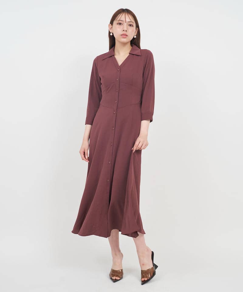 コルセット切替ロングシャツワンピース 詳細画像 ボルドー 1