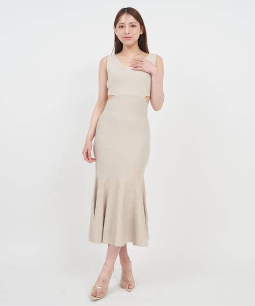 バックリボンウエストカットパールマーメイドワンピース 詳細画像