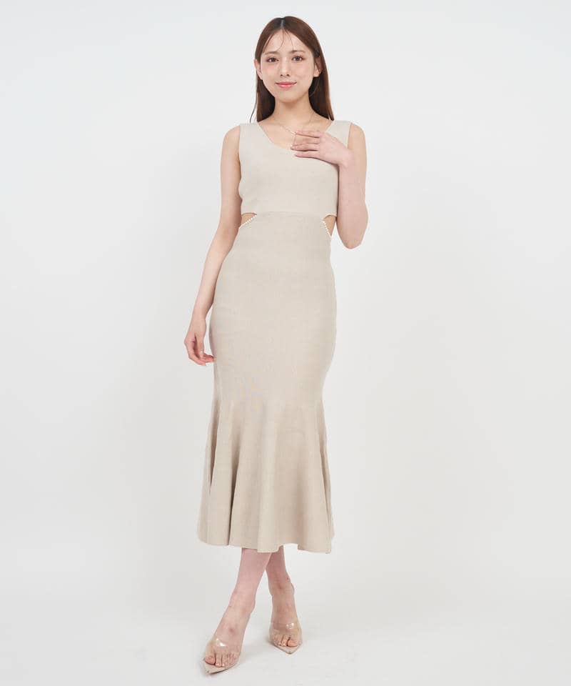 バックリボンウエストカットパールマーメイドワンピース 詳細画像 ベージュ 1