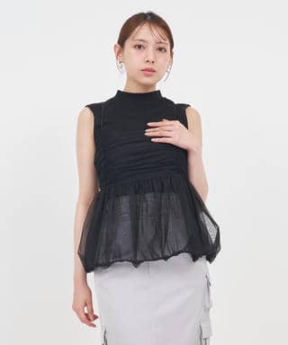 チュールキャミバルーンペプラムレイヤードトップス