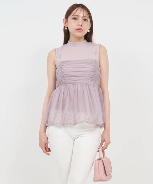 チュールキャミバルーンペプラムレイヤードトップス 詳細画像