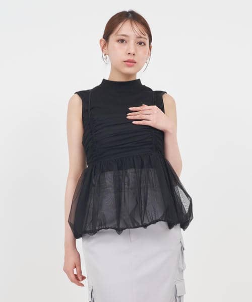 チュールキャミバルーンペプラムレイヤードトップス 詳細画像