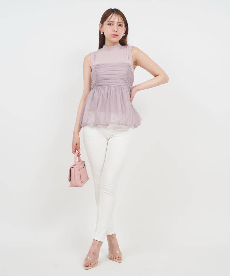 チュールキャミバルーンペプラムレイヤードトップス 詳細画像 ピンク 8