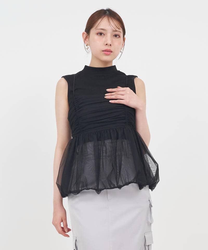 チュールキャミバルーンペプラムレイヤードトップス 詳細画像 ブラック 1