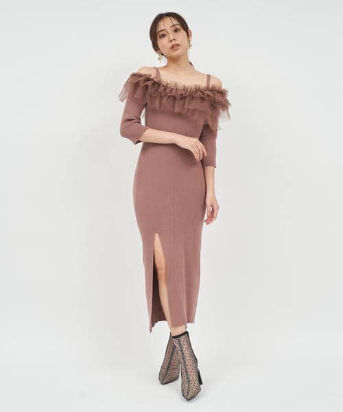 チュールフリルオフショルダータイトワンピース 詳細画像