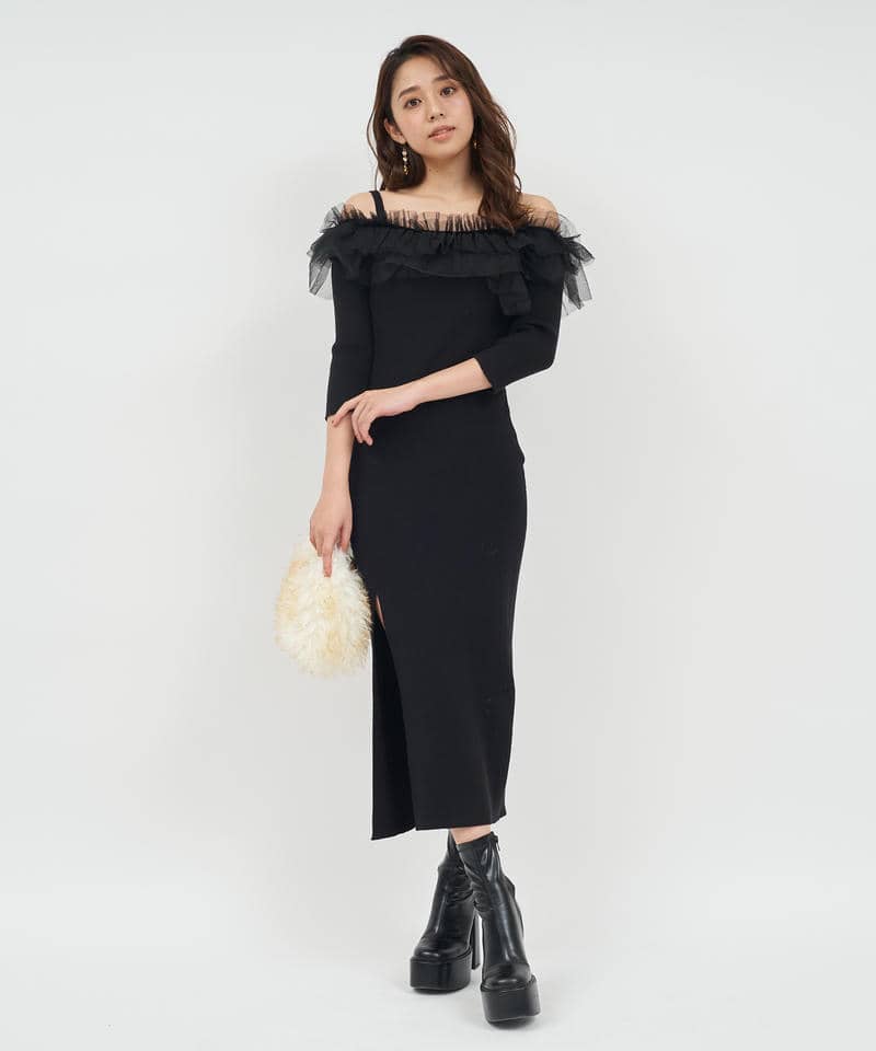 チュールフリルオフショルダータイトワンピース 詳細画像 ブラック 1