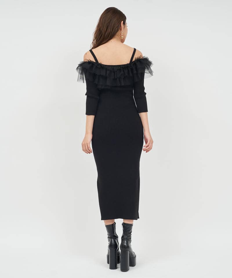 チュールフリルオフショルダータイトワンピース 詳細画像 ブラック 3