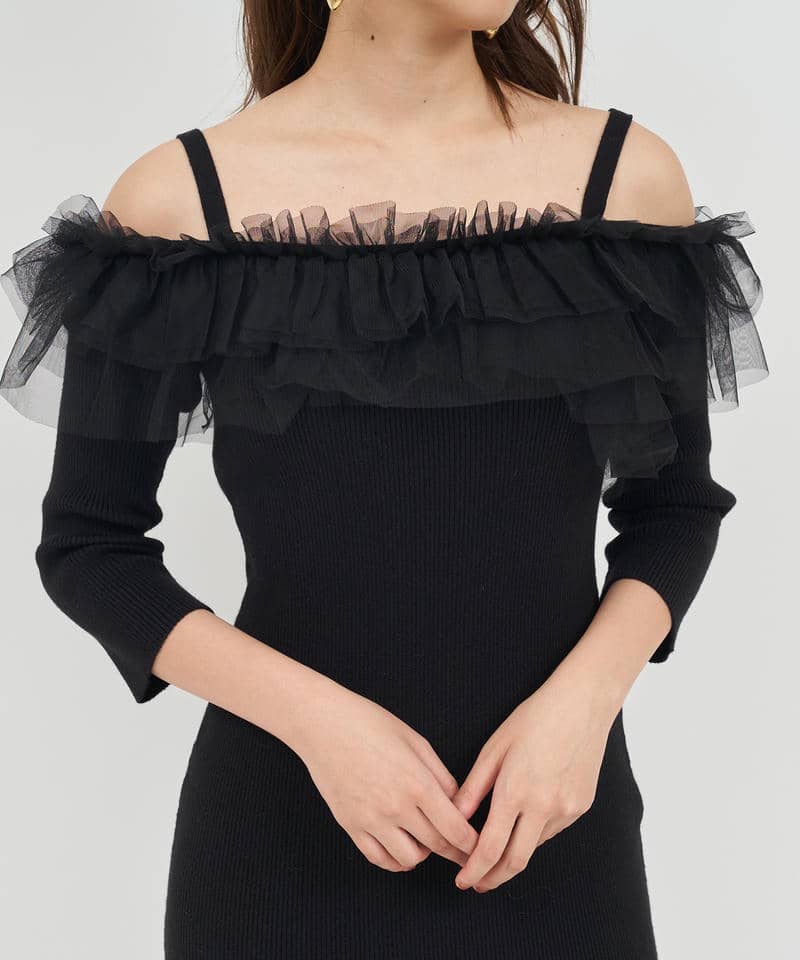 チュールフリルオフショルダータイトワンピース 詳細画像 ブラック 4