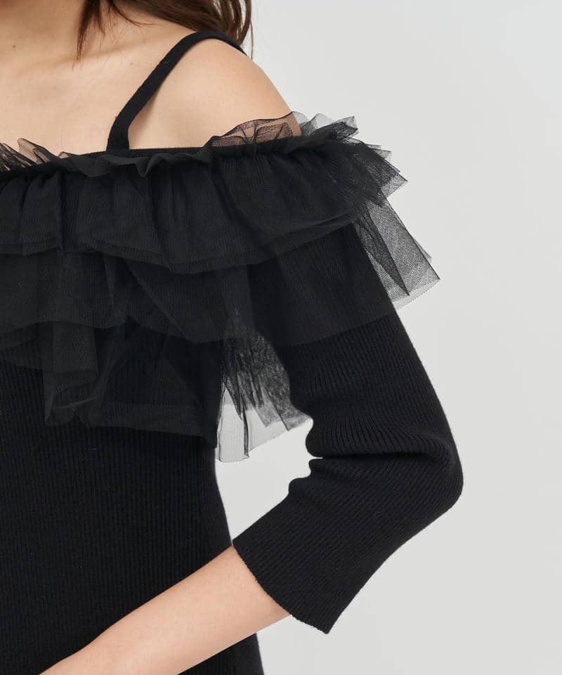チュールフリルオフショルダータイトワンピース 詳細画像 ブラック 5