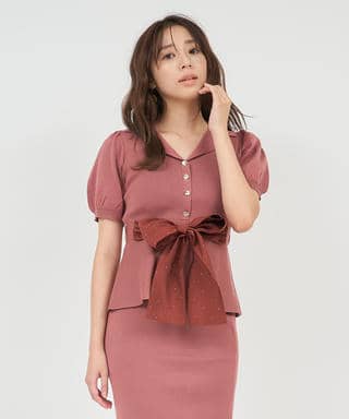 キラキラリボンパフスリーブテーラーニットトップス