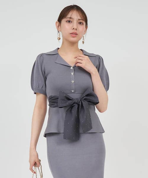 キラキラリボンパフスリーブテーラーニットトップス 詳細画像