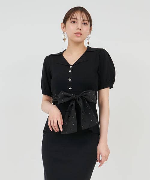 キラキラリボンパフスリーブテーラーニットトップス 詳細画像