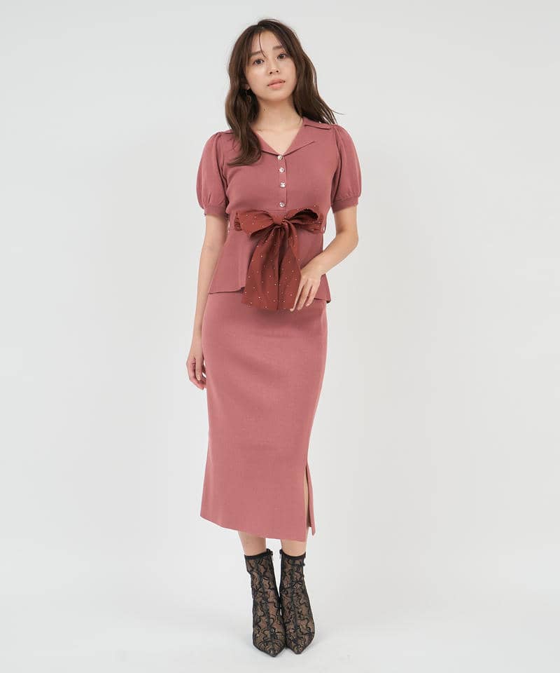 キラキラリボンパフスリーブテーラーニットトップス 詳細画像 ブラウン 2