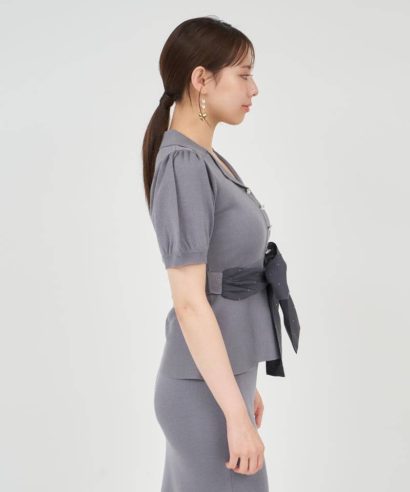 キラキラリボンパフスリーブテーラーニットトップス 詳細画像 グレー 2