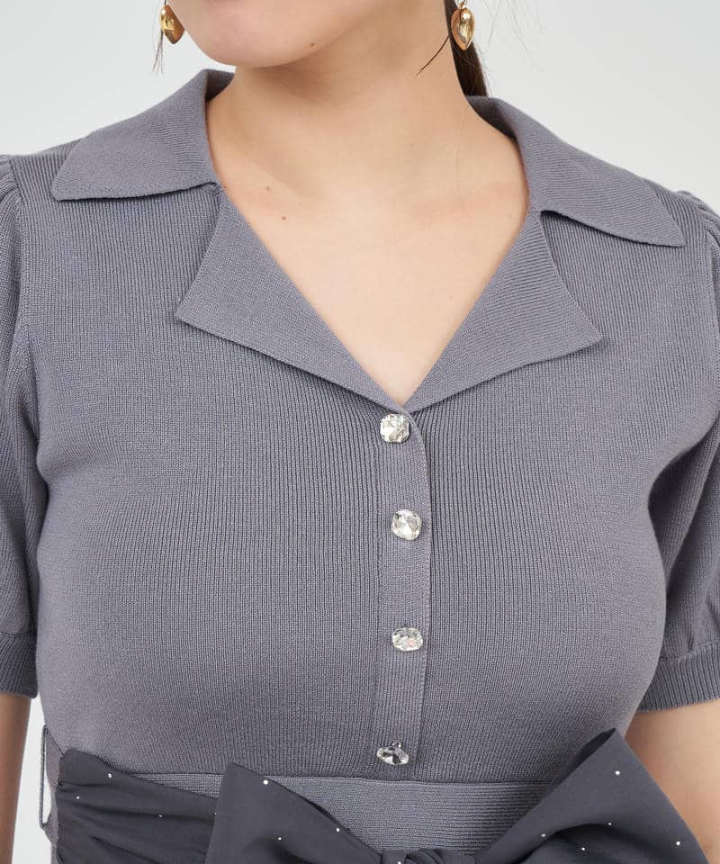 キラキラリボンパフスリーブテーラーニットトップス 詳細画像 グレー 4