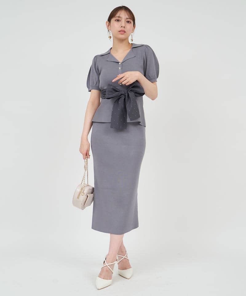 キラキラリボンパフスリーブテーラーニットトップス 詳細画像 グレー 7