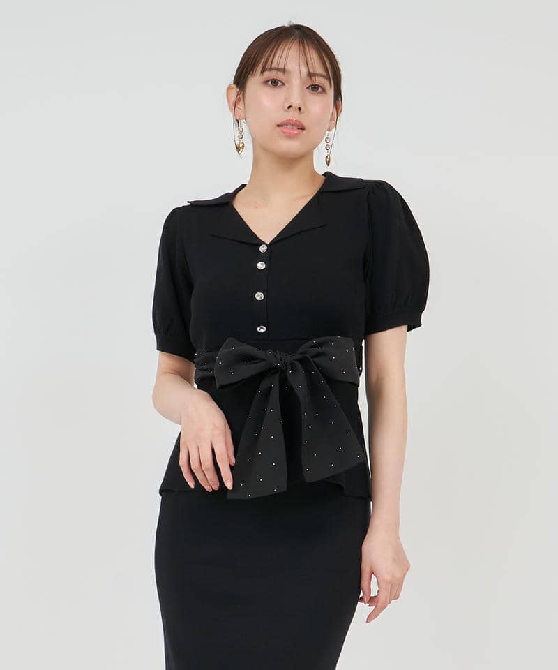 キラキラリボンパフスリーブテーラーニットトップス 詳細画像 ブラック 1