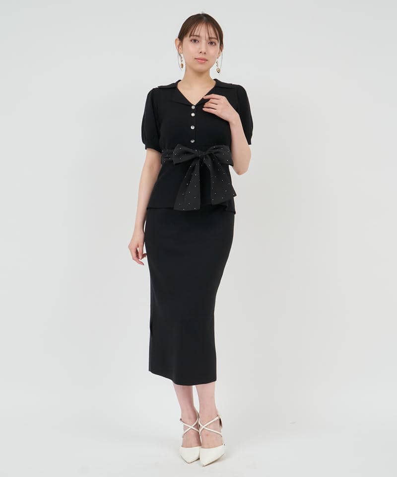 キラキラリボンパフスリーブテーラーニットトップス 詳細画像 ブラック 2