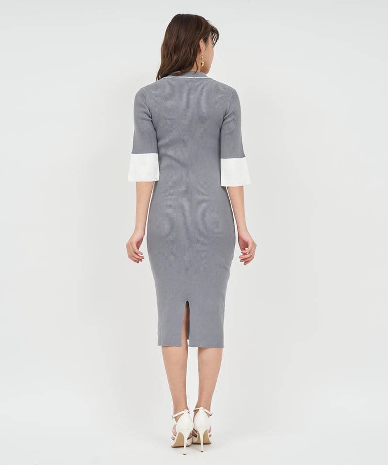 衿付配色ニットタイトワンピース 詳細画像 グレー 3