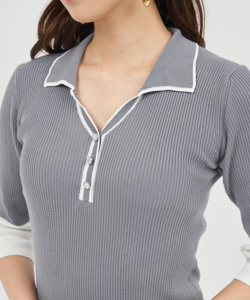 衿付配色ニットタイトワンピース 詳細画像 グレー 4