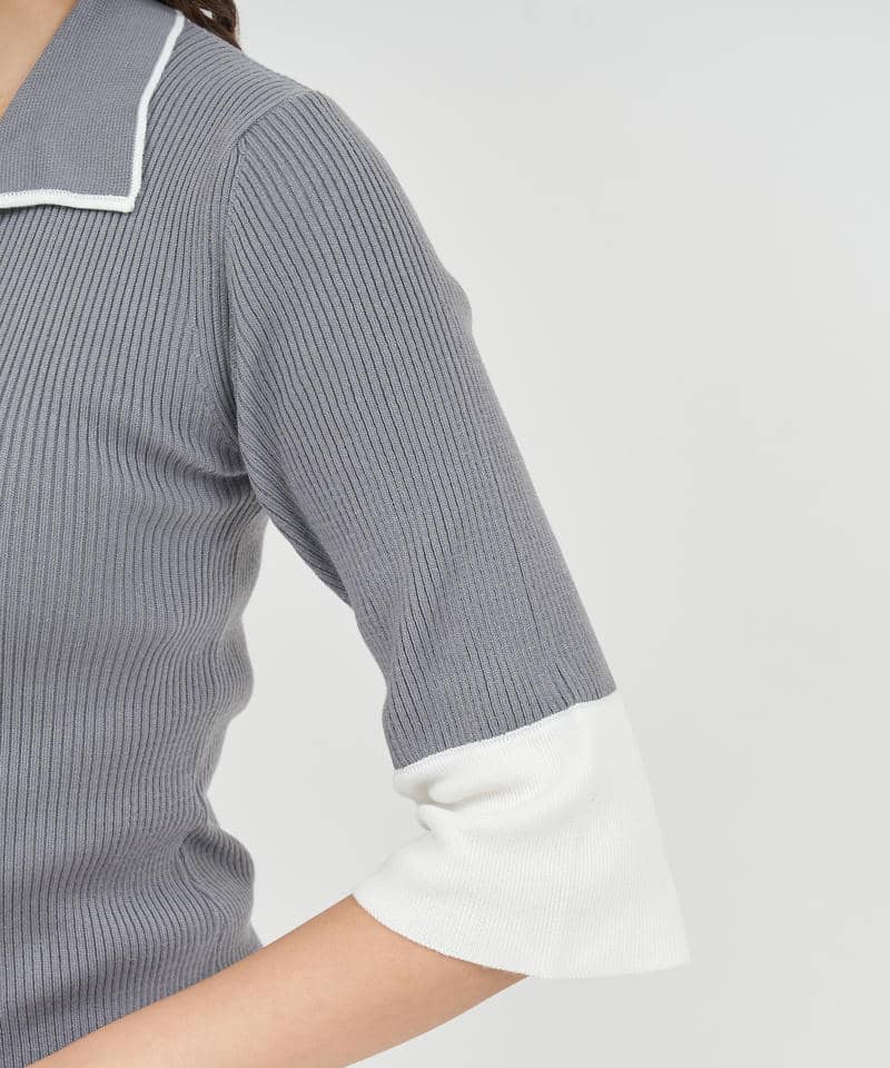 衿付配色ニットタイトワンピース 詳細画像 グレー 5