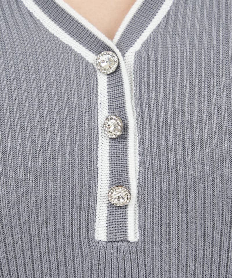 衿付配色ニットタイトワンピース 詳細画像 グレー 7