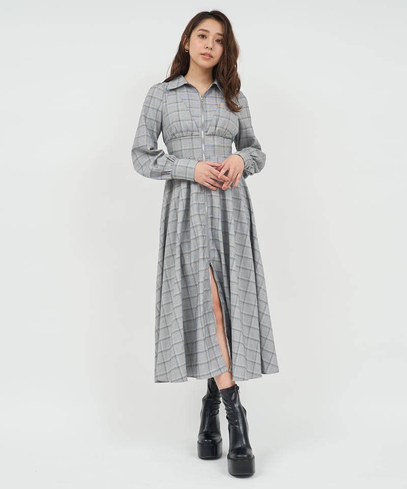 コルセット風フロントZIPシャツワンピース 詳細画像 チェック 4