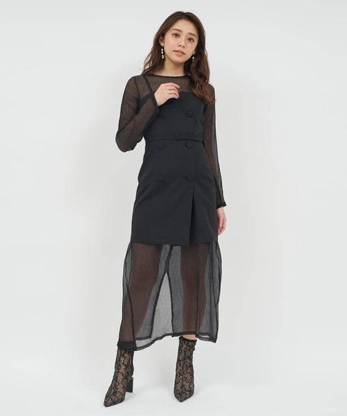 ダブルボタンシアーレイヤードロングワンピース 詳細画像