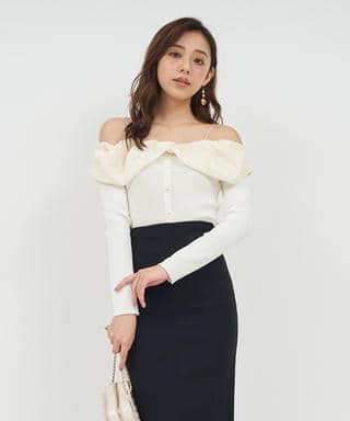 ジャガードフラワードッキングオフショルニットトップス