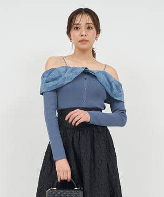 ジャガードフラワードッキングオフショルニットトップス