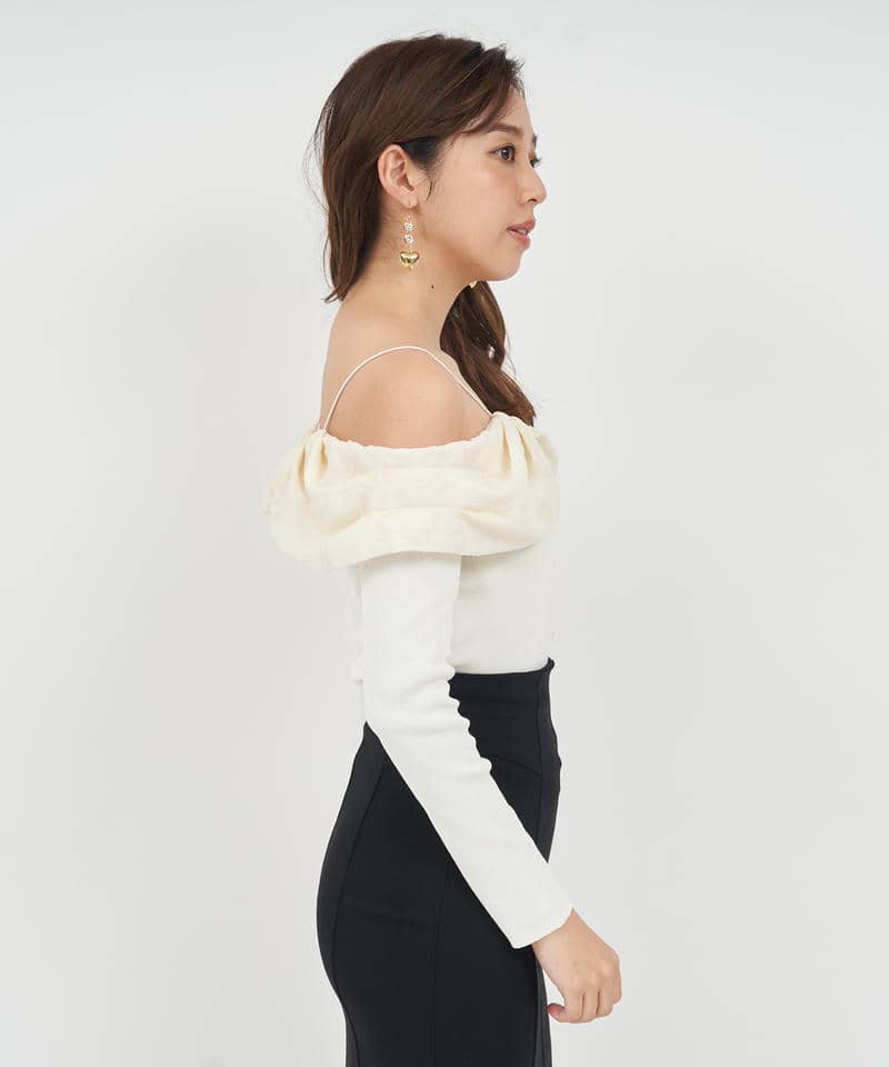 ジャガードフラワードッキングオフショルニットトップス 詳細画像 オフホワイト 2